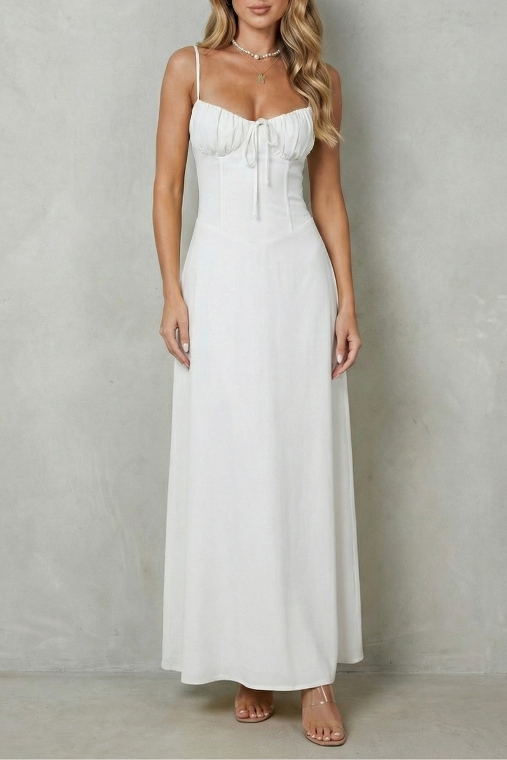 Women's sleeveless corset maxi dress with ruched cups and tie front