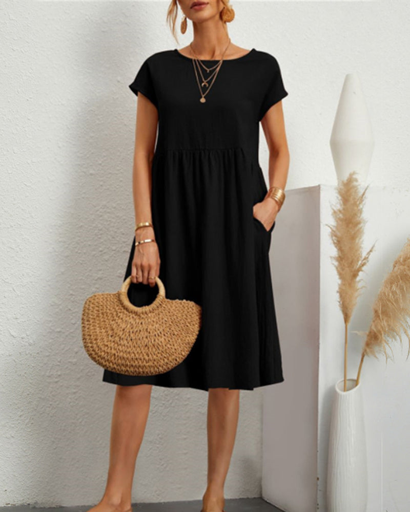 Women's round neck midi dress with short sleeves and gathered skirt