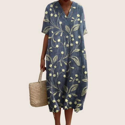 Women's floral V-neck midi dress with short sleeves and button front