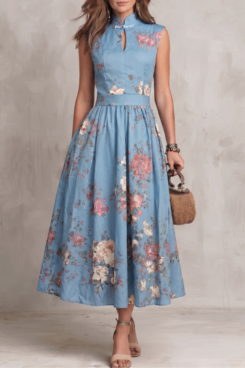 Women's floral midi dress with mandarin collar, cap sleeves and full pleated skirt