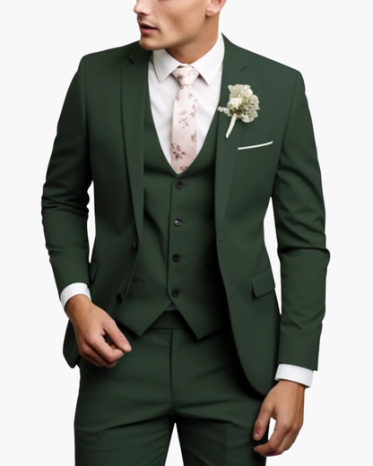Men's slim fit three-piece suit with notched lapel jacket, button waistcoat and matching trousers