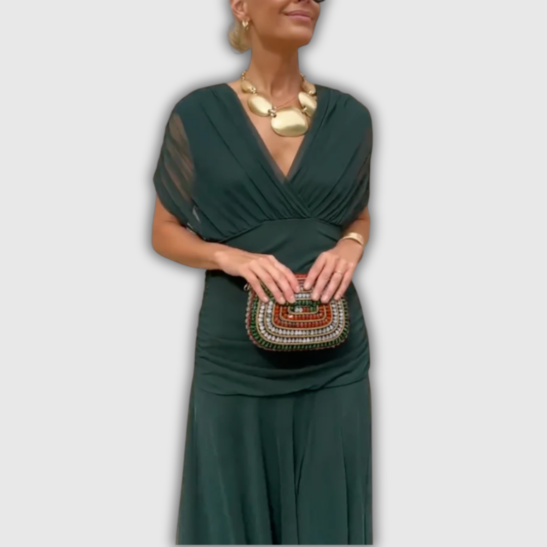 Women's wrap maxi dress with V-neckline, short sheer sleeves and ruched sides