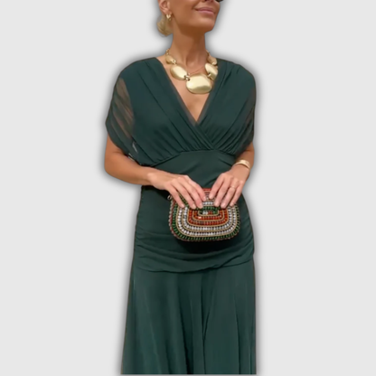 Women's wrap maxi dress with V-neckline, short sheer sleeves and ruched sides