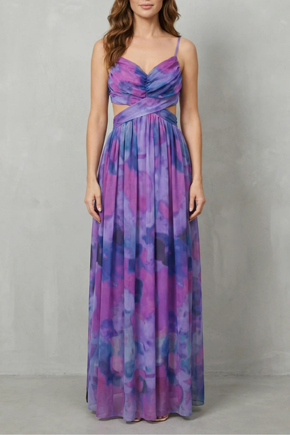 Women's abstract watercolour wrap maxi dress with spaghetti straps and crossed waist detail