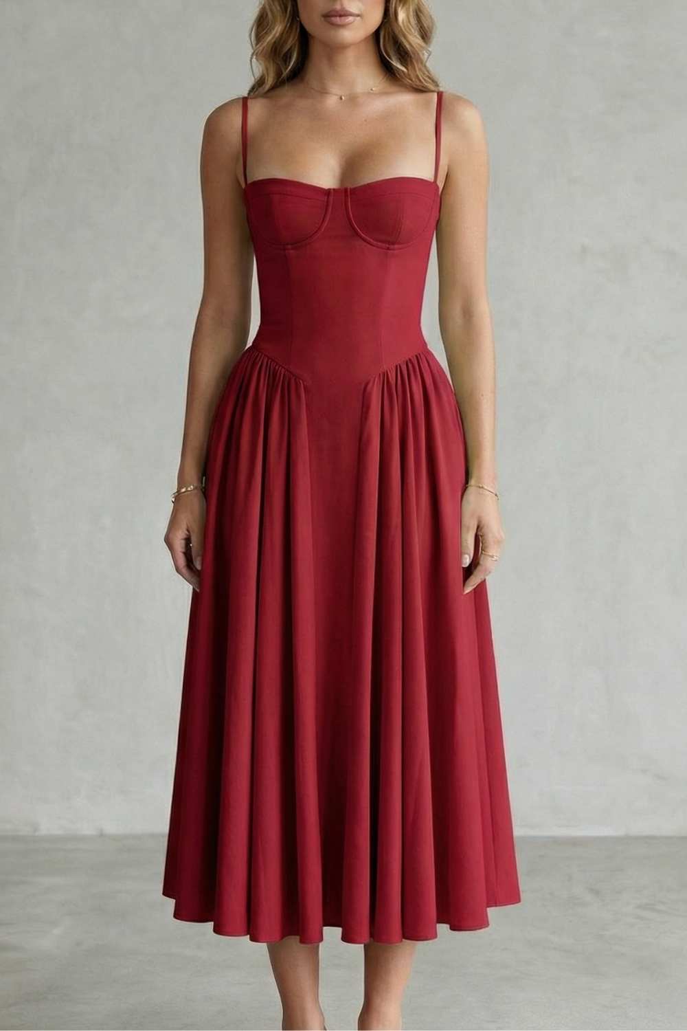 Women's structured midi dress with corset bodice, spaghetti straps and full gathered skirt