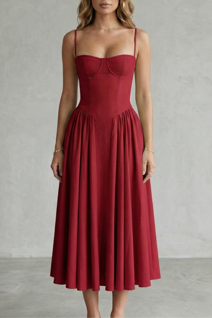 Women's structured midi dress with corset bodice, spaghetti straps and full gathered skirt