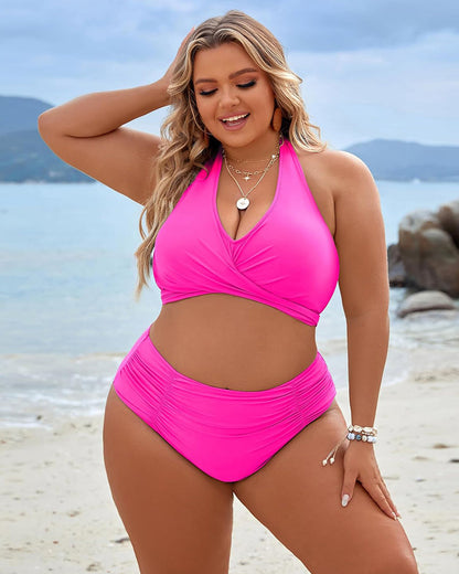 Women's halter bikini set with high-waisted ruched briefs