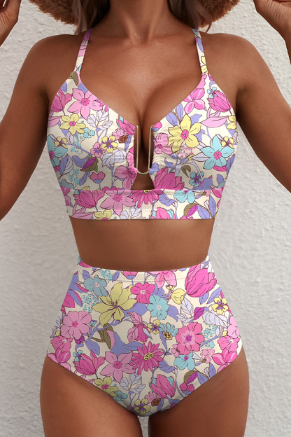 Women's patterned two-piece bikini with V-neck top, metallic centre trim and high-waisted bottoms