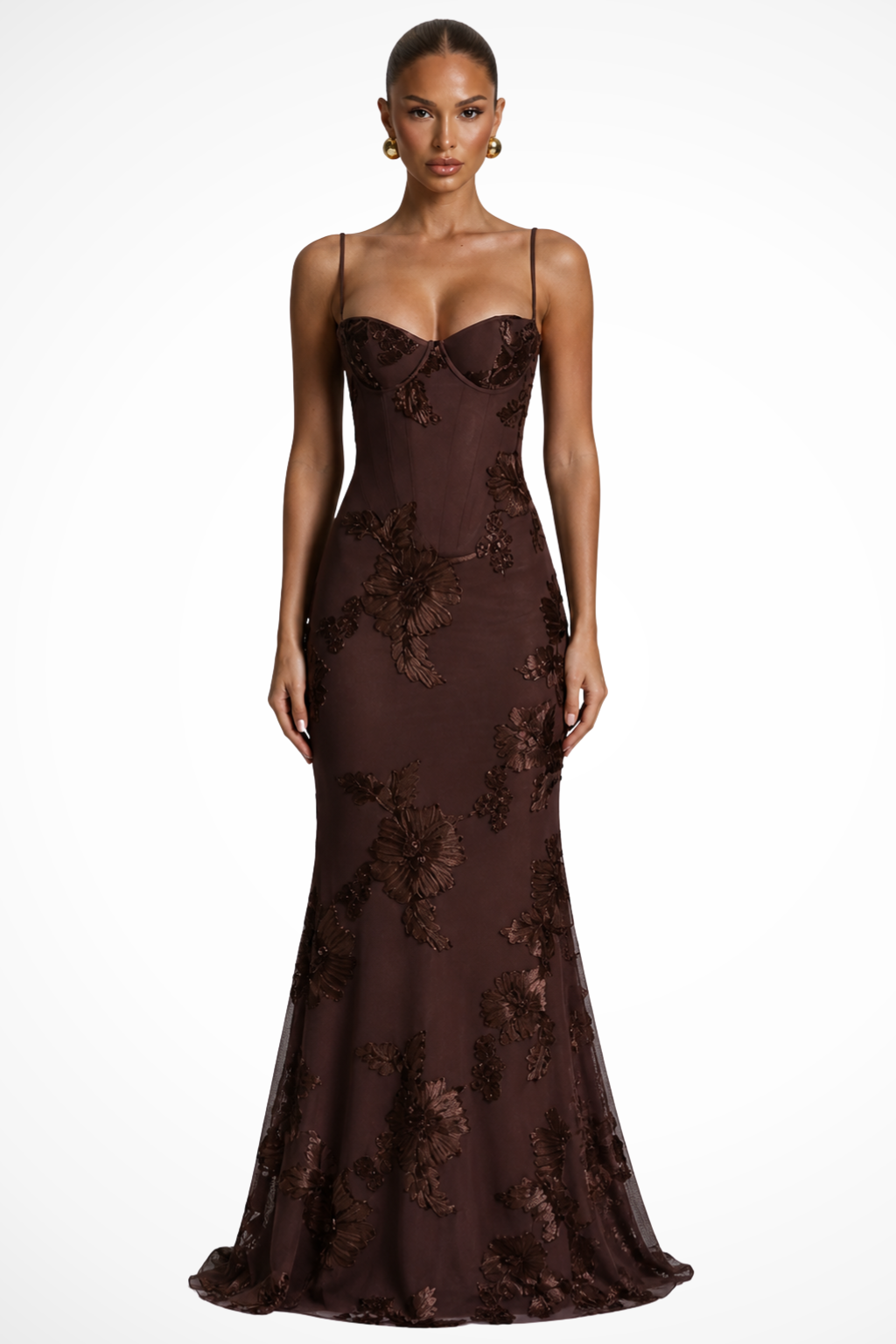 Vestido largo con corsé y bordado de flores de mujer con tirantes finos