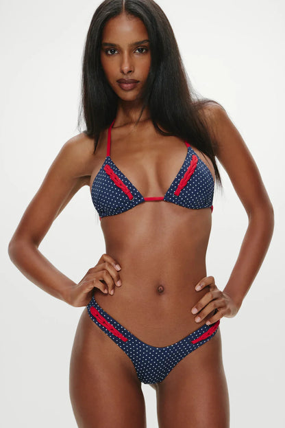 Women's star print triangle bikini top with red braided trim