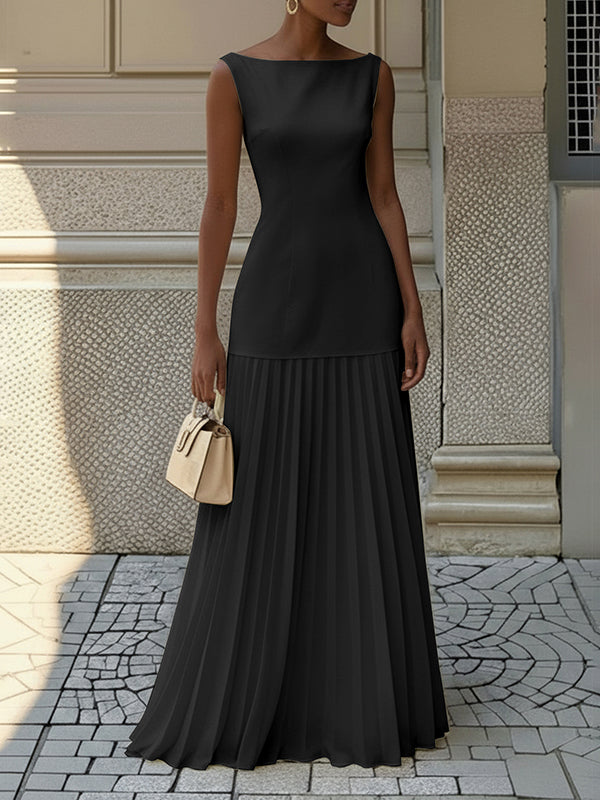 Women's sleeveless boat neck maxi dress with fitted bodice and pleated skirt