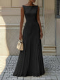 Women's sleeveless boat neck maxi dress with fitted bodice and pleated skirt