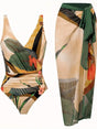 Women's patterned halter one-piece swimsuit with tie detail and long wrap layer
