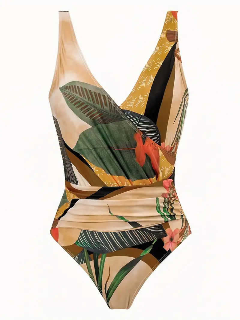 Women's patterned halter one-piece swimsuit with tie detail and long wrap layer