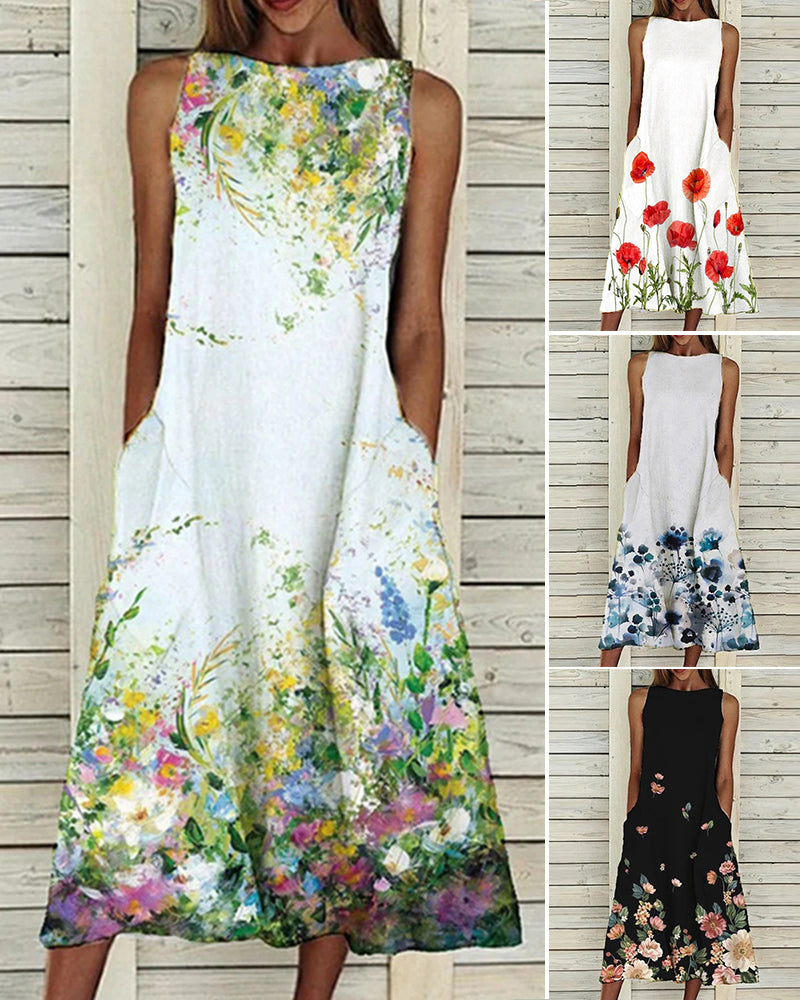 Women's sleeveless floral midi dress with round neck and side pockets