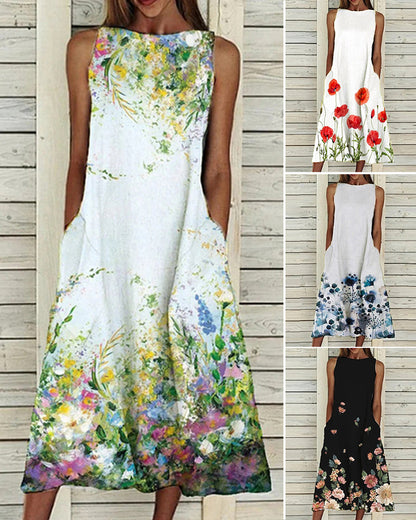 Women's sleeveless floral midi dress with round neck and side pockets