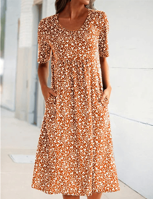 Women's floral midi dress with short sleeves, round neckline and side pockets