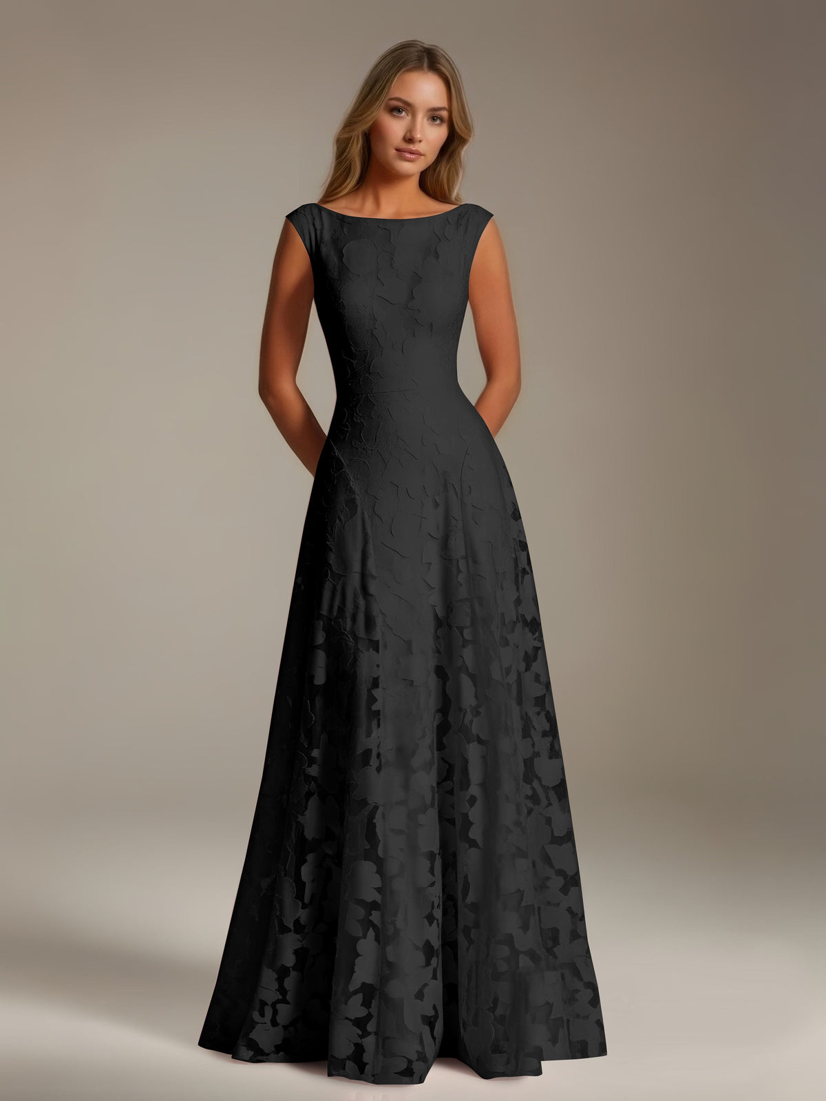 Sleeveless floral lace A-line bridesmaid dress with scoop neckline and floor-length skirt