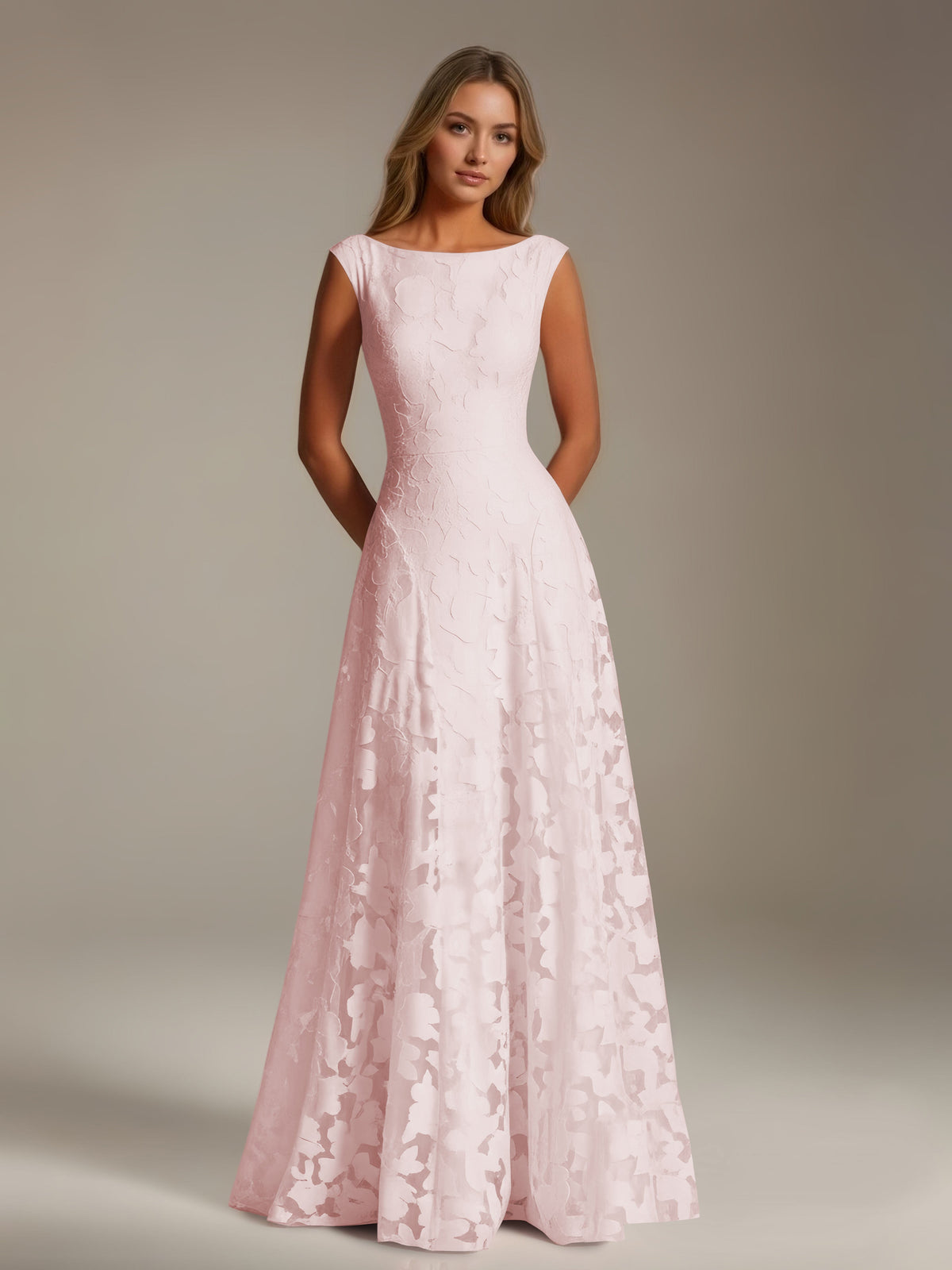 Sleeveless floral lace A-line bridesmaid dress with scoop neckline and floor-length skirt