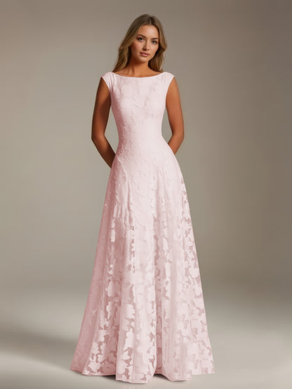 Sleeveless floral lace A-line bridesmaid dress with scoop neckline and floor-length skirt