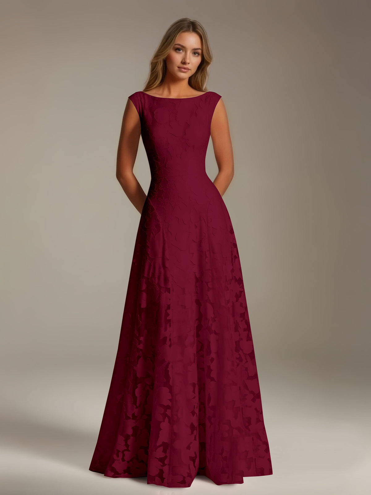 Sleeveless floral lace A-line bridesmaid dress with scoop neckline and floor-length skirt
