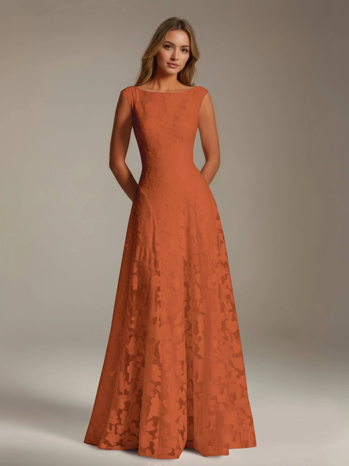 Sleeveless floral lace A-line bridesmaid dress with scoop neckline and floor-length skirt