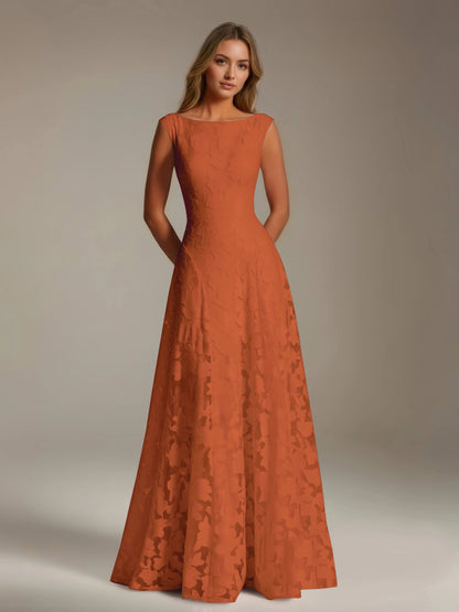 Sleeveless floral lace A-line bridesmaid dress with scoop neckline and floor-length skirt