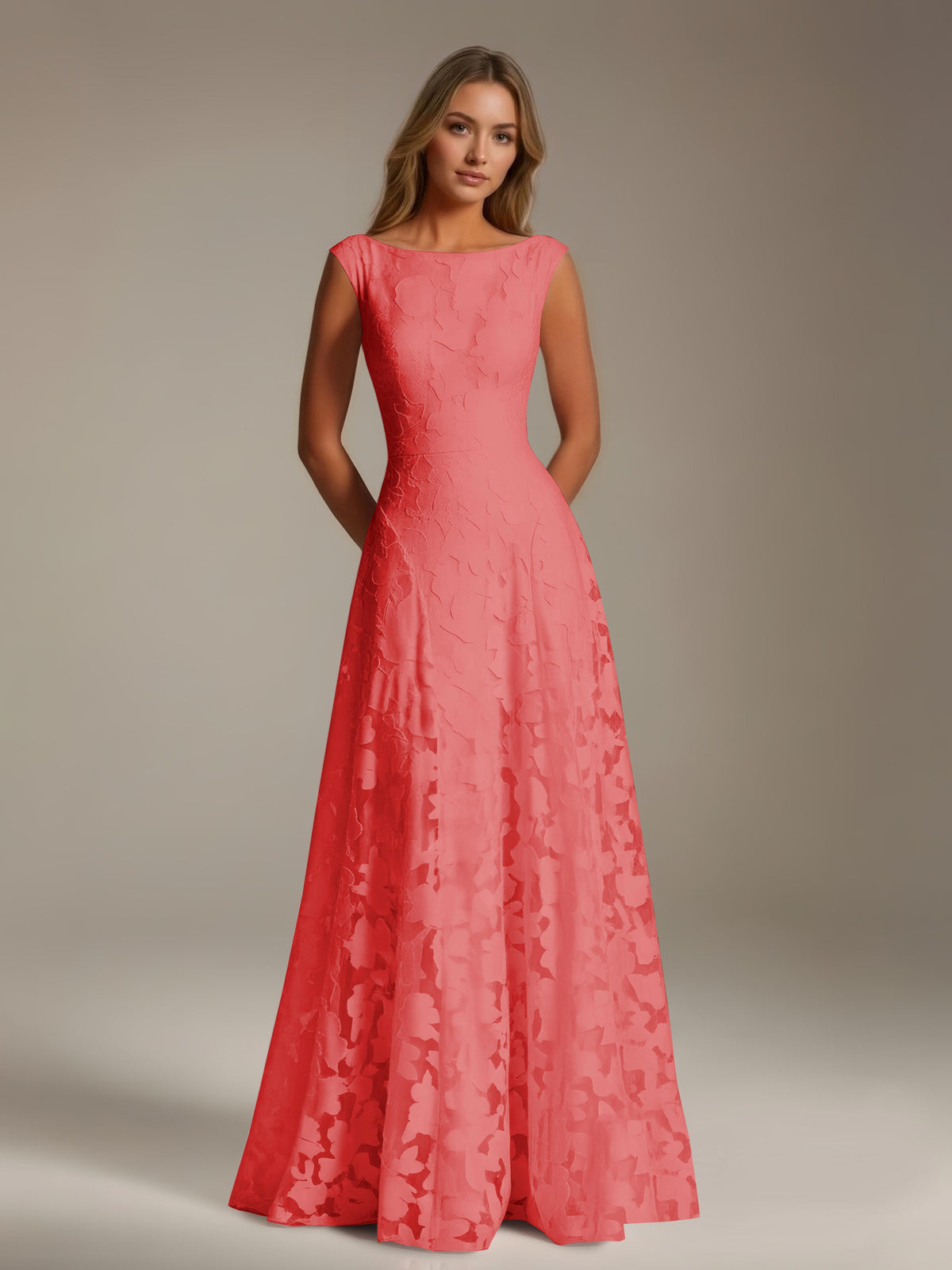 Sleeveless floral lace A-line bridesmaid dress with scoop neckline and floor-length skirt