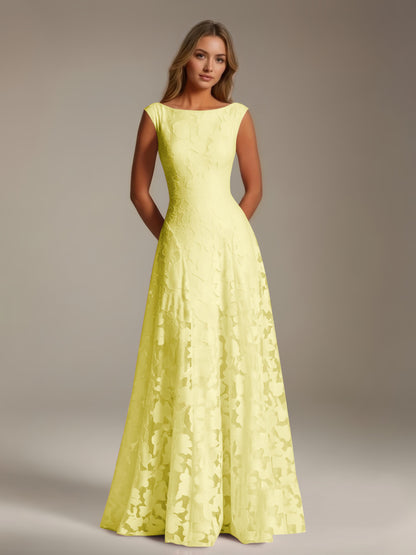 Sleeveless floral lace A-line bridesmaid dress with scoop neckline and floor-length skirt