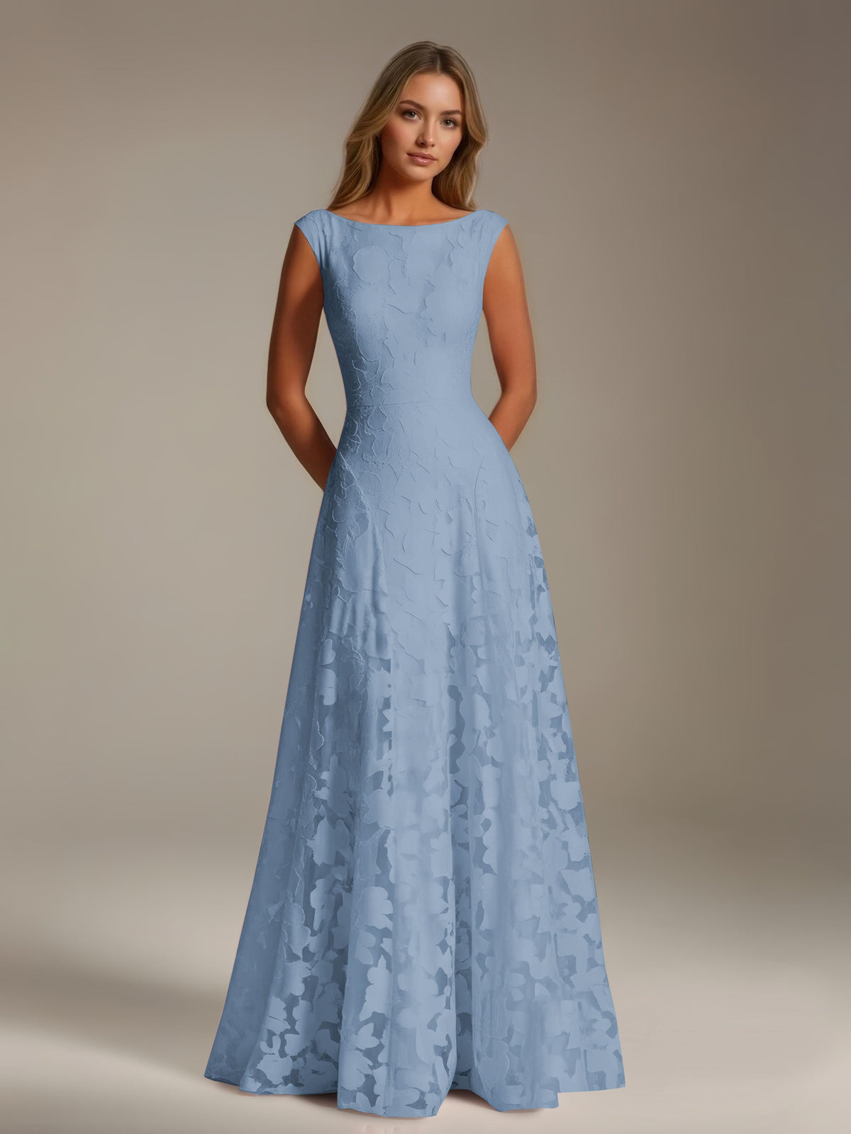 Sleeveless floral lace A-line bridesmaid dress with scoop neckline and floor-length skirt