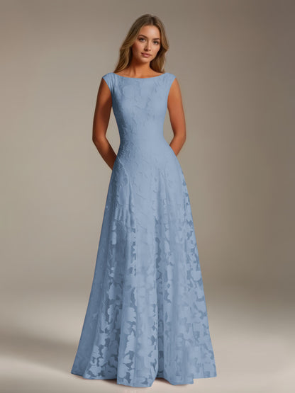 Sleeveless floral lace A-line bridesmaid dress with scoop neckline and floor-length skirt