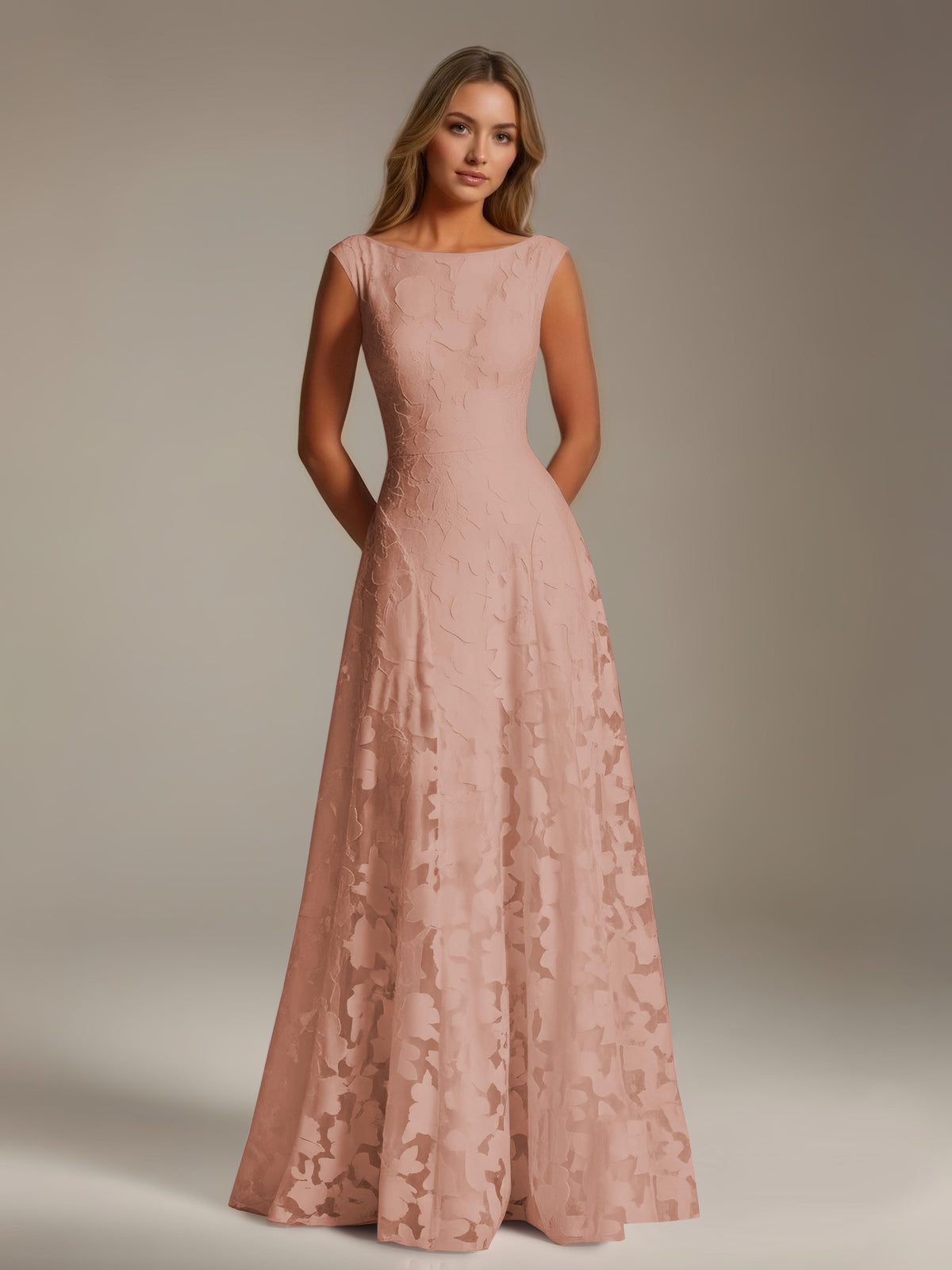 Sleeveless floral lace A-line bridesmaid dress with scoop neckline and floor-length skirt