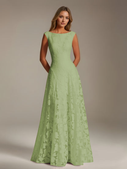 Sleeveless floral lace A-line bridesmaid dress with scoop neckline and floor-length skirt