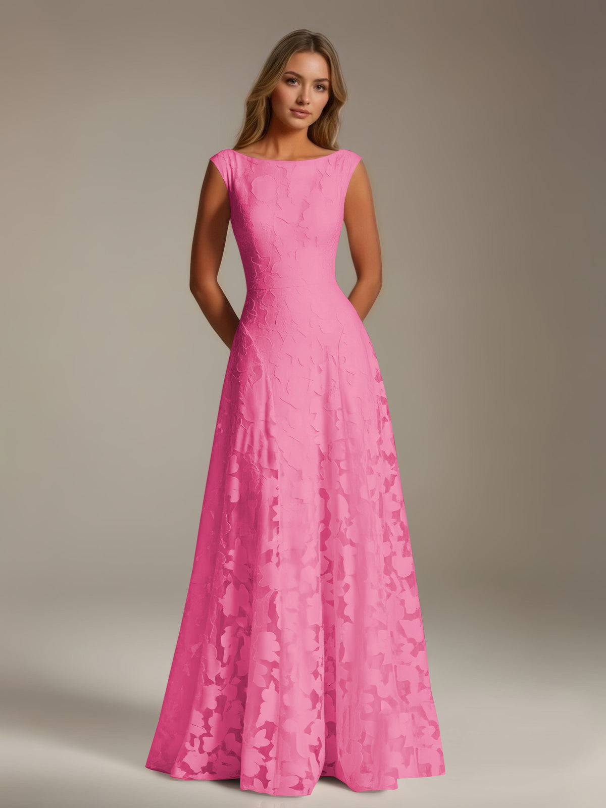 Sleeveless floral lace A-line bridesmaid dress with scoop neckline and floor-length skirt