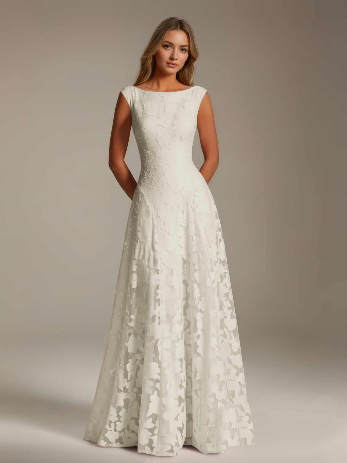 Sleeveless floral lace A-line bridesmaid dress with scoop neckline and floor-length skirt