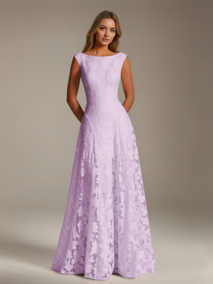 Sleeveless floral lace A-line bridesmaid dress with scoop neckline and floor-length skirt