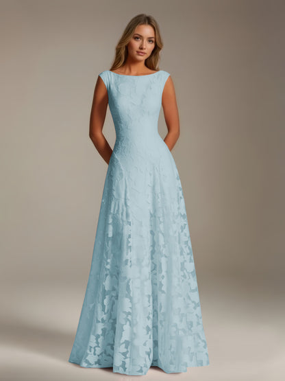Sleeveless floral lace A-line bridesmaid dress with scoop neckline and floor-length skirt