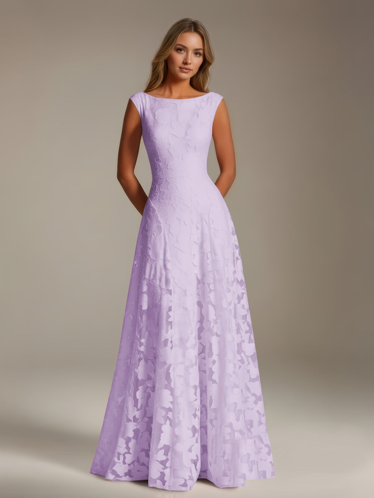 Sleeveless floral lace A-line bridesmaid dress with scoop neckline and floor-length skirt