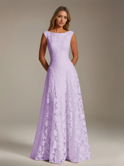 Sleeveless floral lace A-line bridesmaid dress with scoop neckline and floor-length skirt