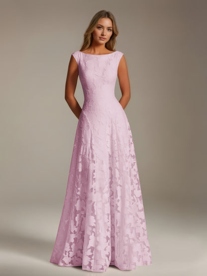 Sleeveless floral lace A-line bridesmaid dress with scoop neckline and floor-length skirt