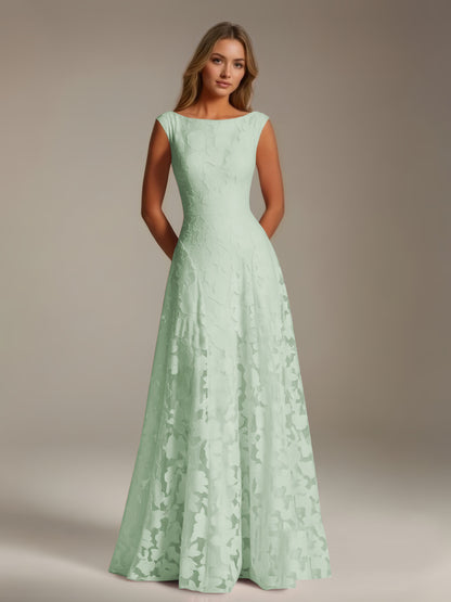 Sleeveless floral lace A-line bridesmaid dress with scoop neckline and floor-length skirt
