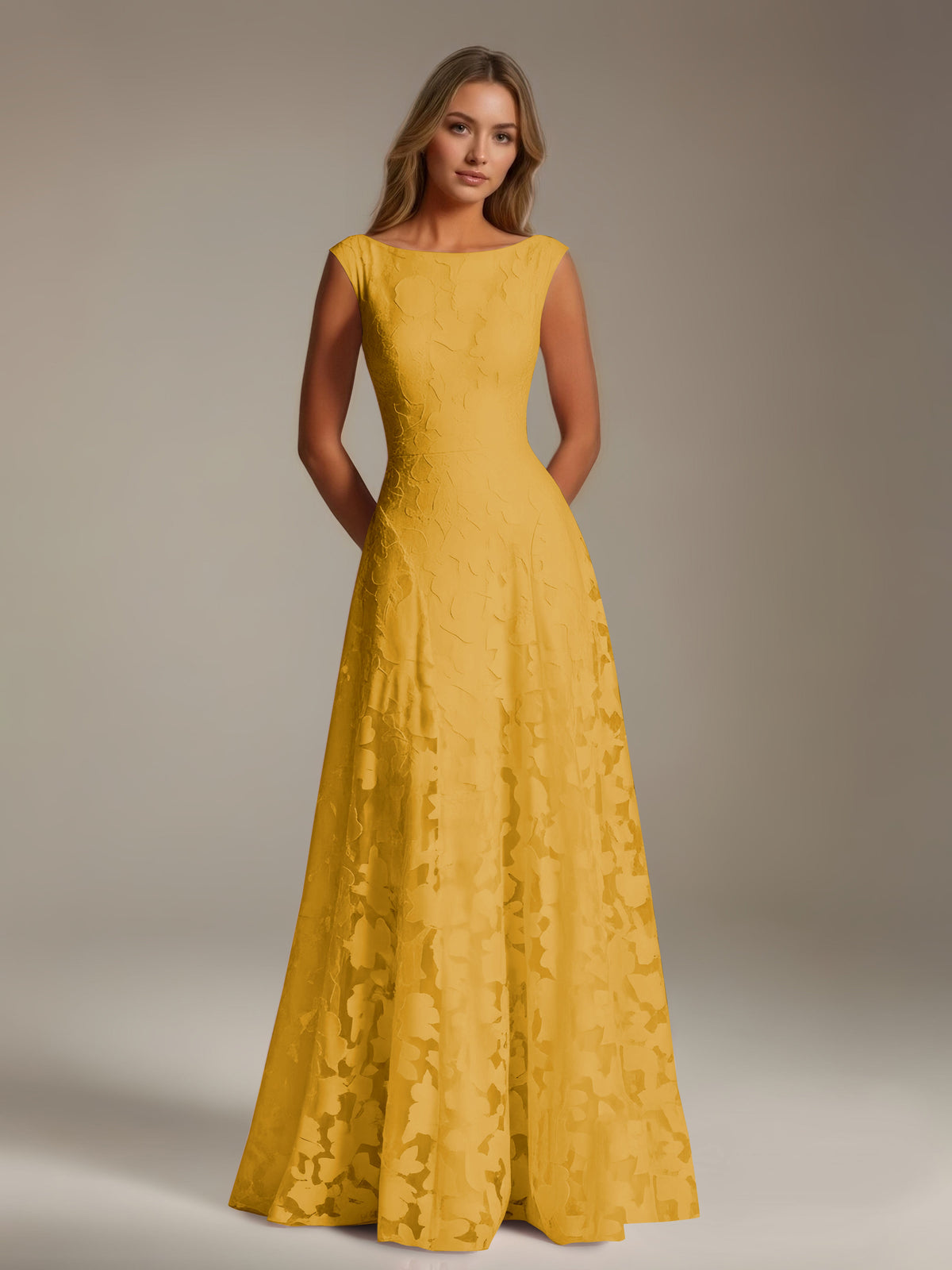 Sleeveless floral lace A-line bridesmaid dress with scoop neckline and floor-length skirt