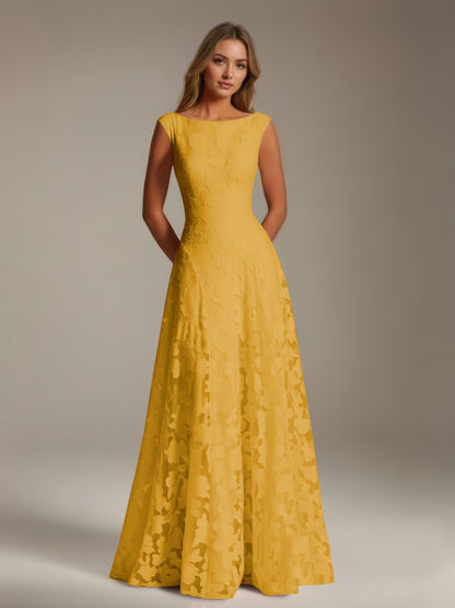 Sleeveless floral lace A-line bridesmaid dress with scoop neckline and floor-length skirt