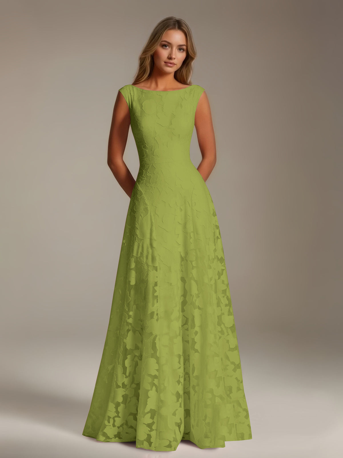 Sleeveless floral lace A-line bridesmaid dress with scoop neckline and floor-length skirt