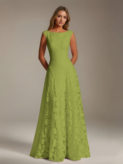 Sleeveless floral lace A-line bridesmaid dress with scoop neckline and floor-length skirt
