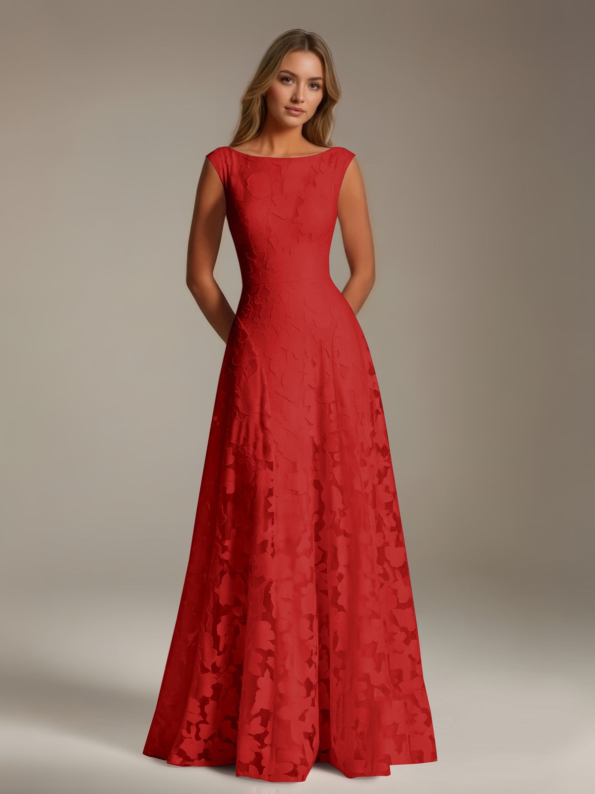 Sleeveless floral lace A-line bridesmaid dress with scoop neckline and floor-length skirt