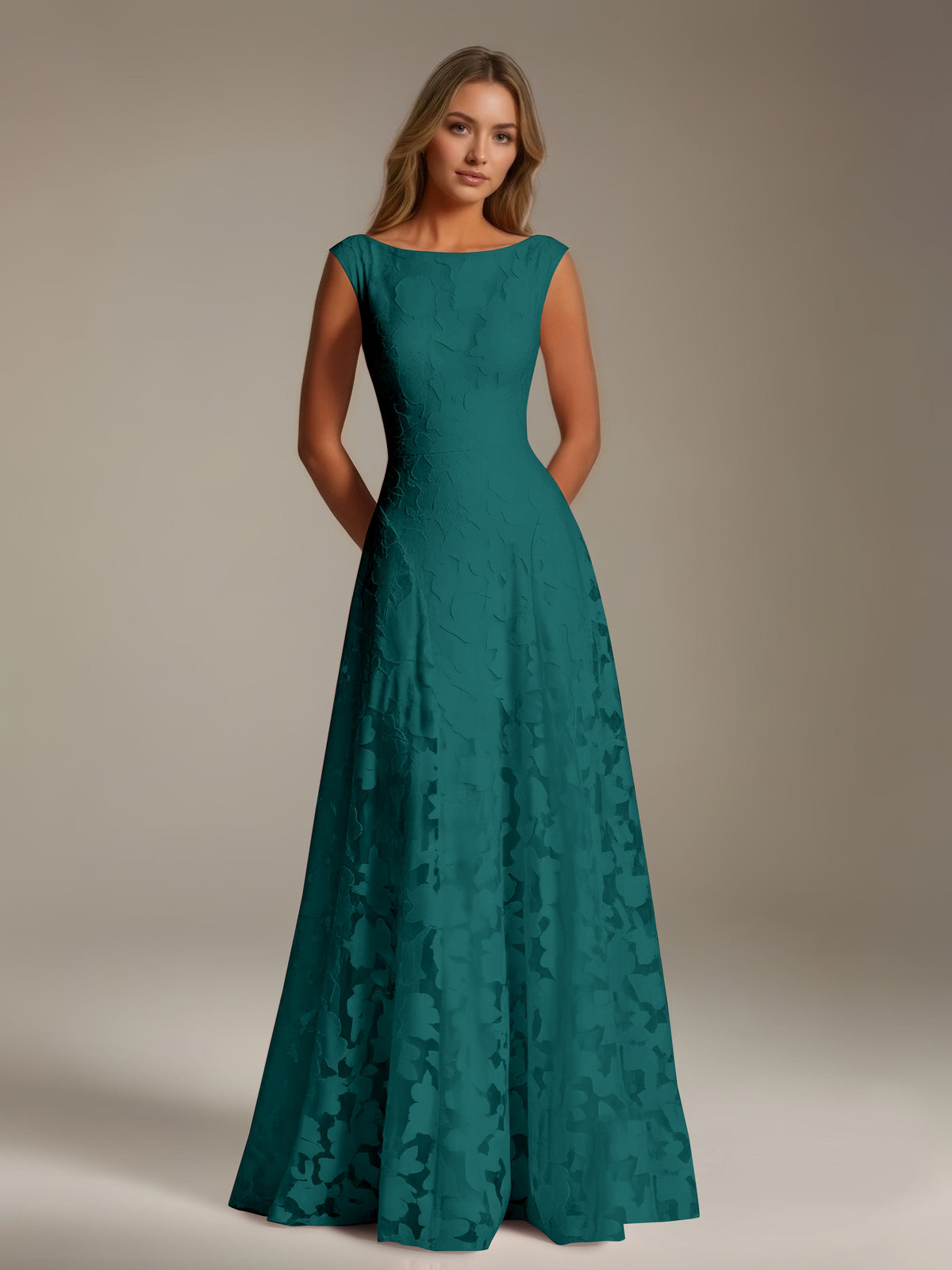 Sleeveless floral lace A-line bridesmaid dress with scoop neckline and floor-length skirt