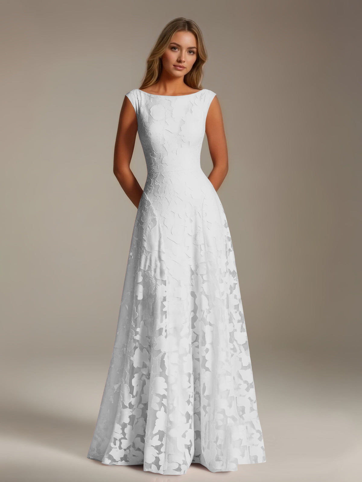 Sleeveless floral lace A-line bridesmaid dress with scoop neckline and floor-length skirt