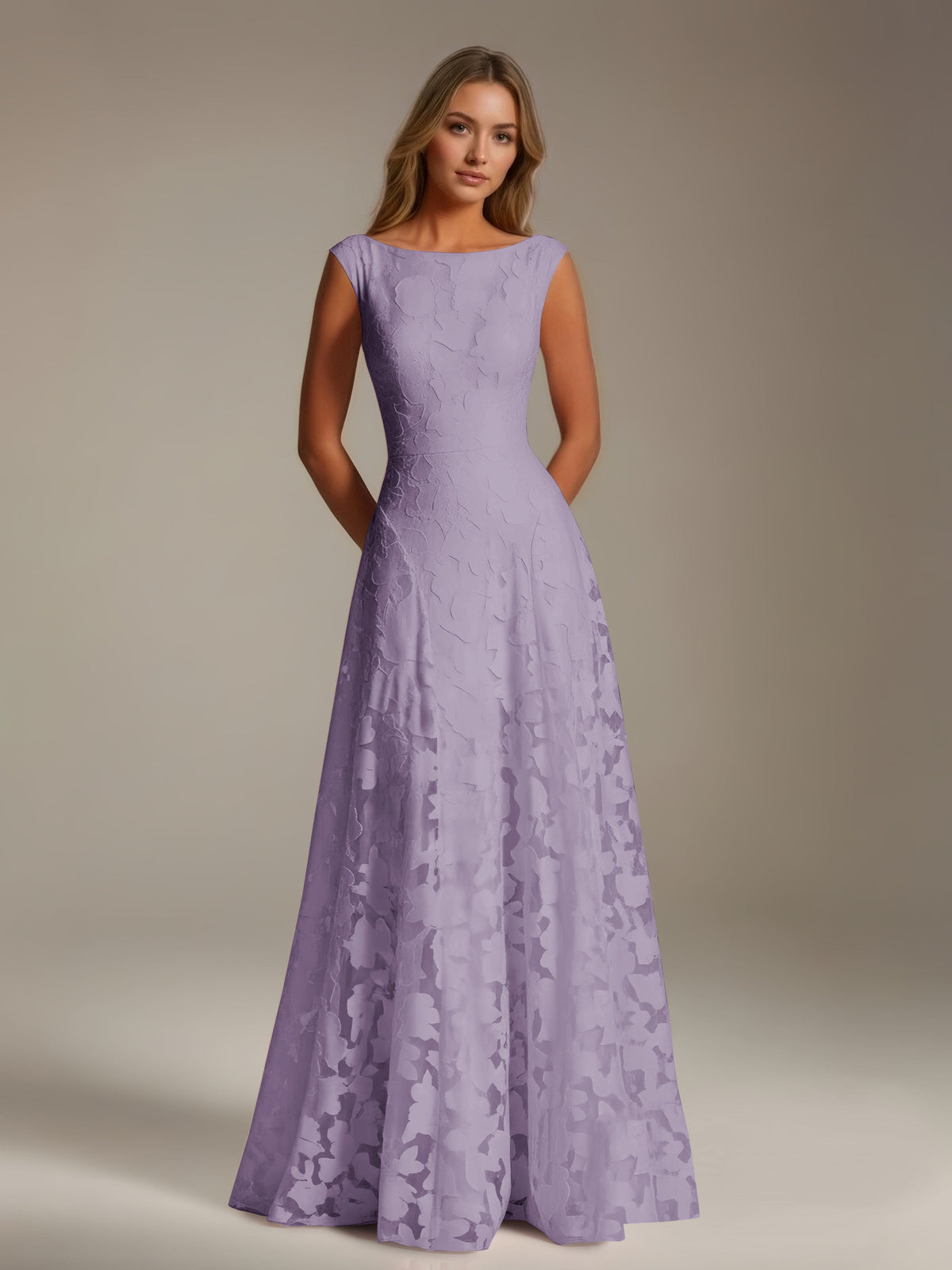 Sleeveless floral lace A-line bridesmaid dress with scoop neckline and floor-length skirt
