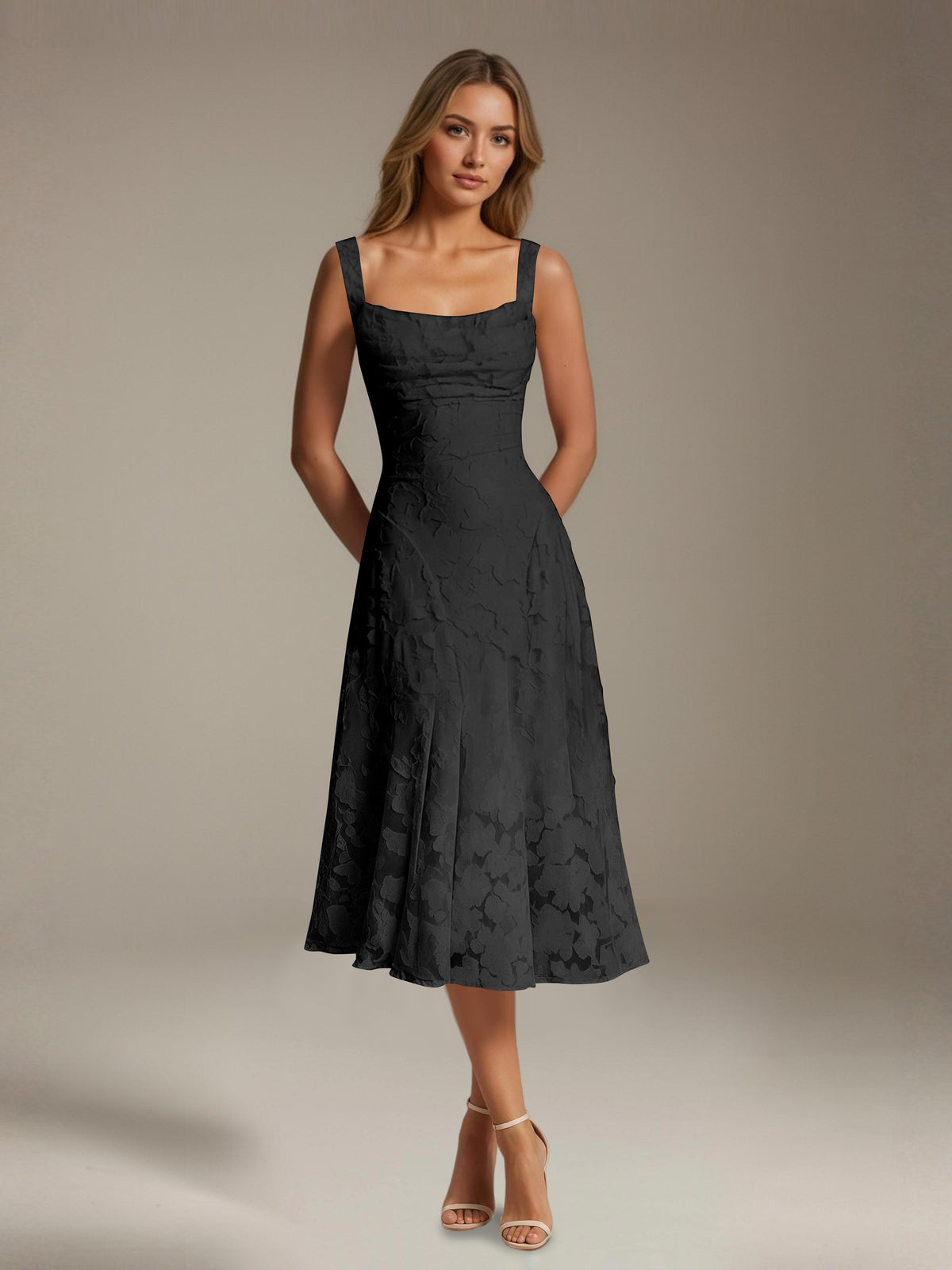 Women's sleeveless floral lace midi dress with square neckline and A-line skirt